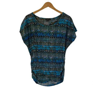 Rogue Tribal Striped Top Plus 2X Open Cutout Back Ruched Sides Stretch Knit Blue